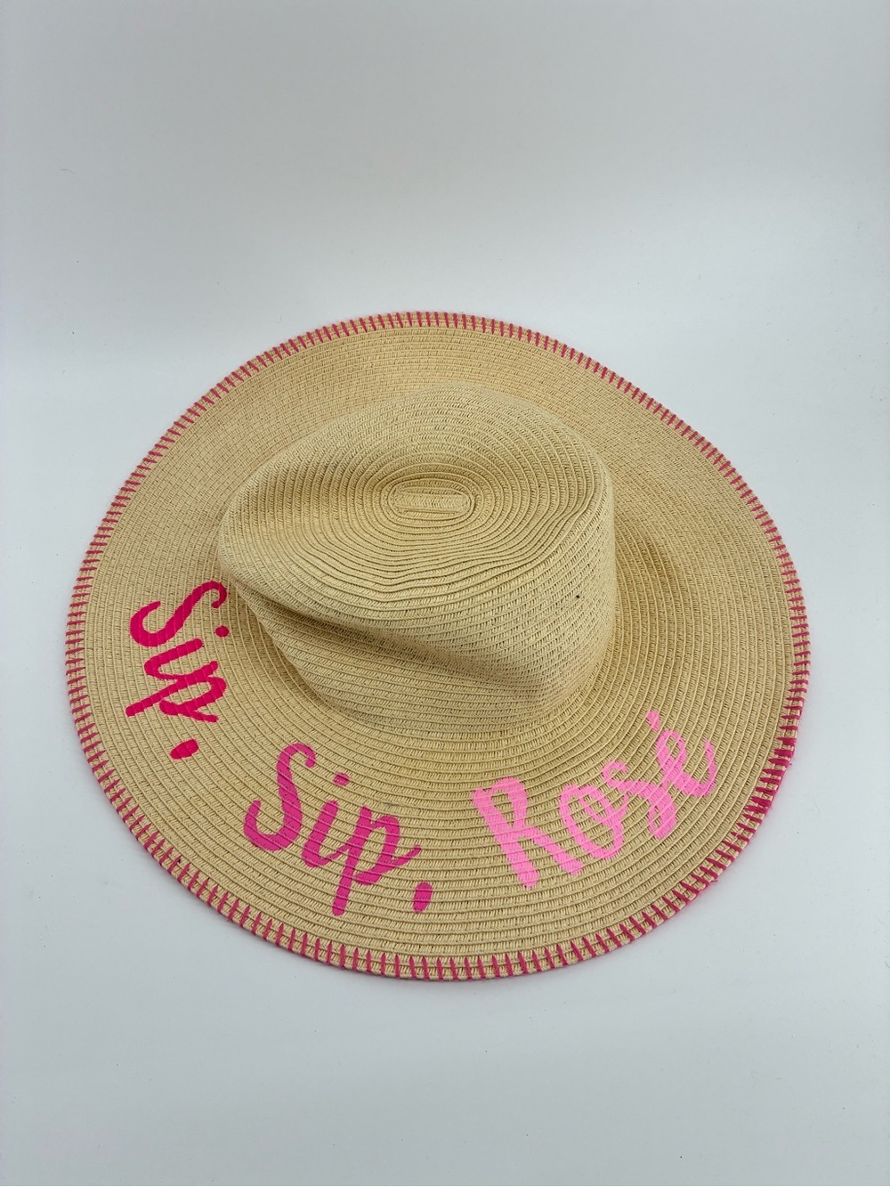 Wide Brim Straw Sun Hat with Pink Script